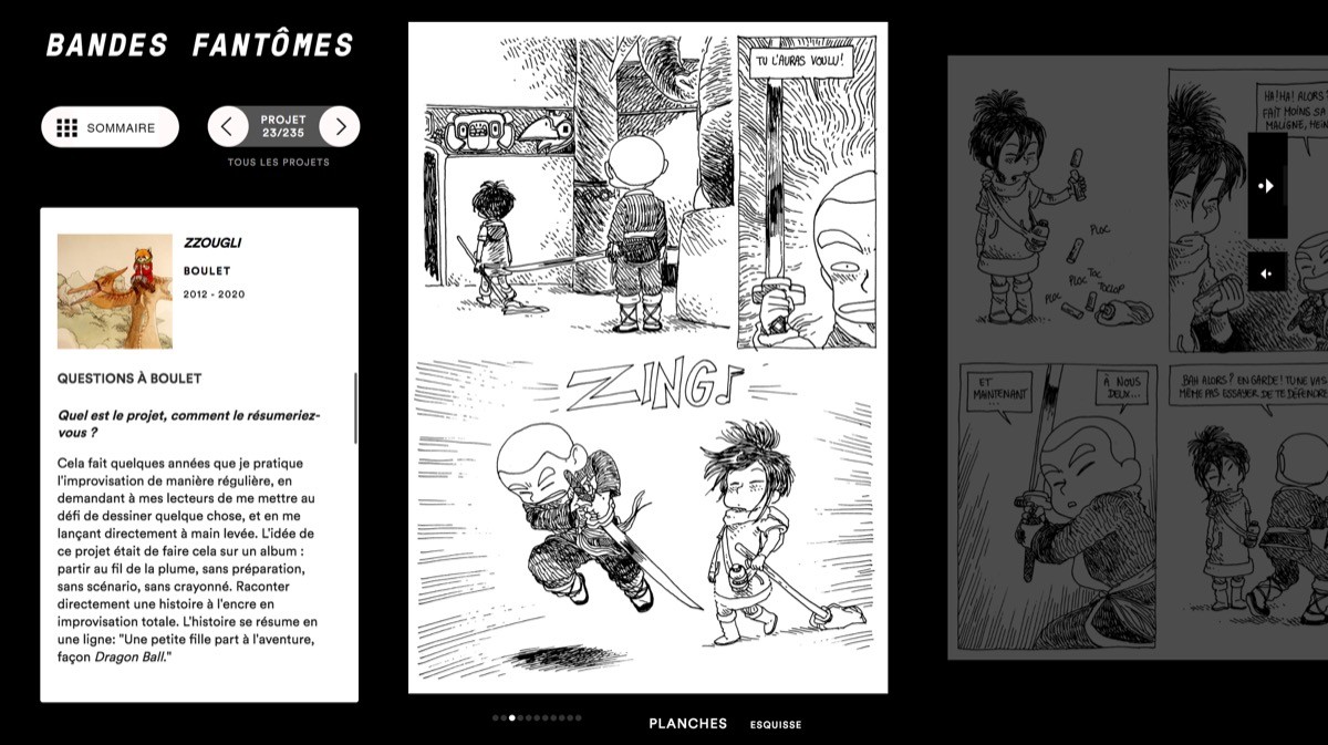 ⭐⭐⭐ Manu Lechat- Webdesigner, intégrateur, développeur Web freelance Mise en page et programmation d'un module de lecture de Bd numérique - Interface muséographie dans le cadre d'une exposition. En partenariat avec le festival Pulp à la Ferme du Buisson.