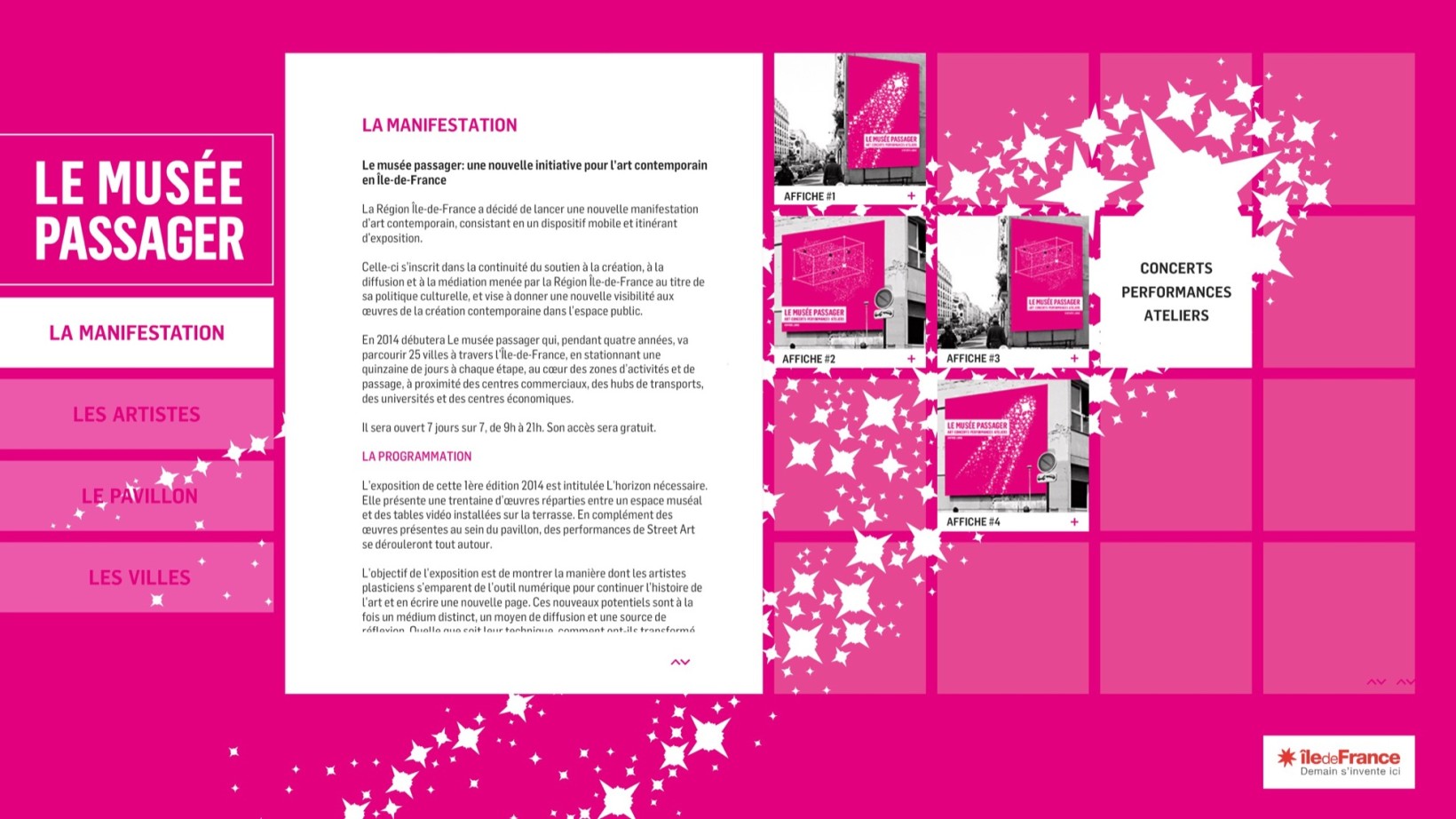 ⭐⭐⭐ Manu Lechat- Webdesigner, intégrateur, développeur Web freelance Borne tactile de muséograhie réalisée dans le cadre d'une exposition 'Le musée Passager'