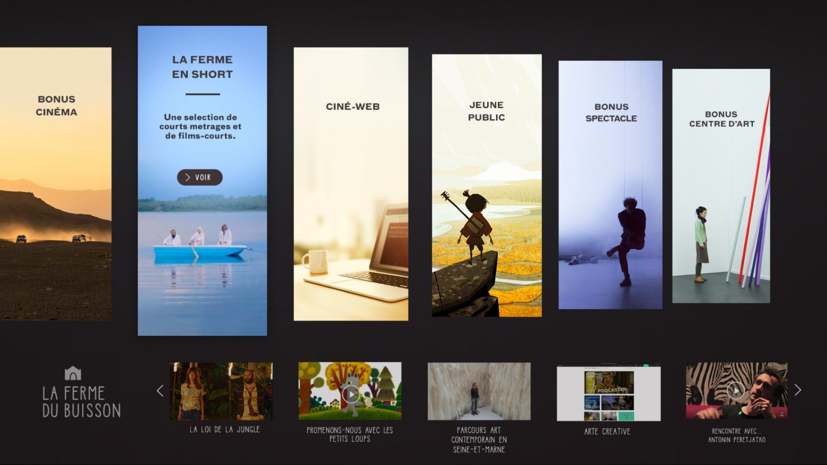 ⭐⭐⭐ Manu Lechat- Webdesigner, intégrateur, développeur Web freelance Webdesign et programmation d'une interface pour la présentation de bonus cinéma au sein de la Ferme du buisson.