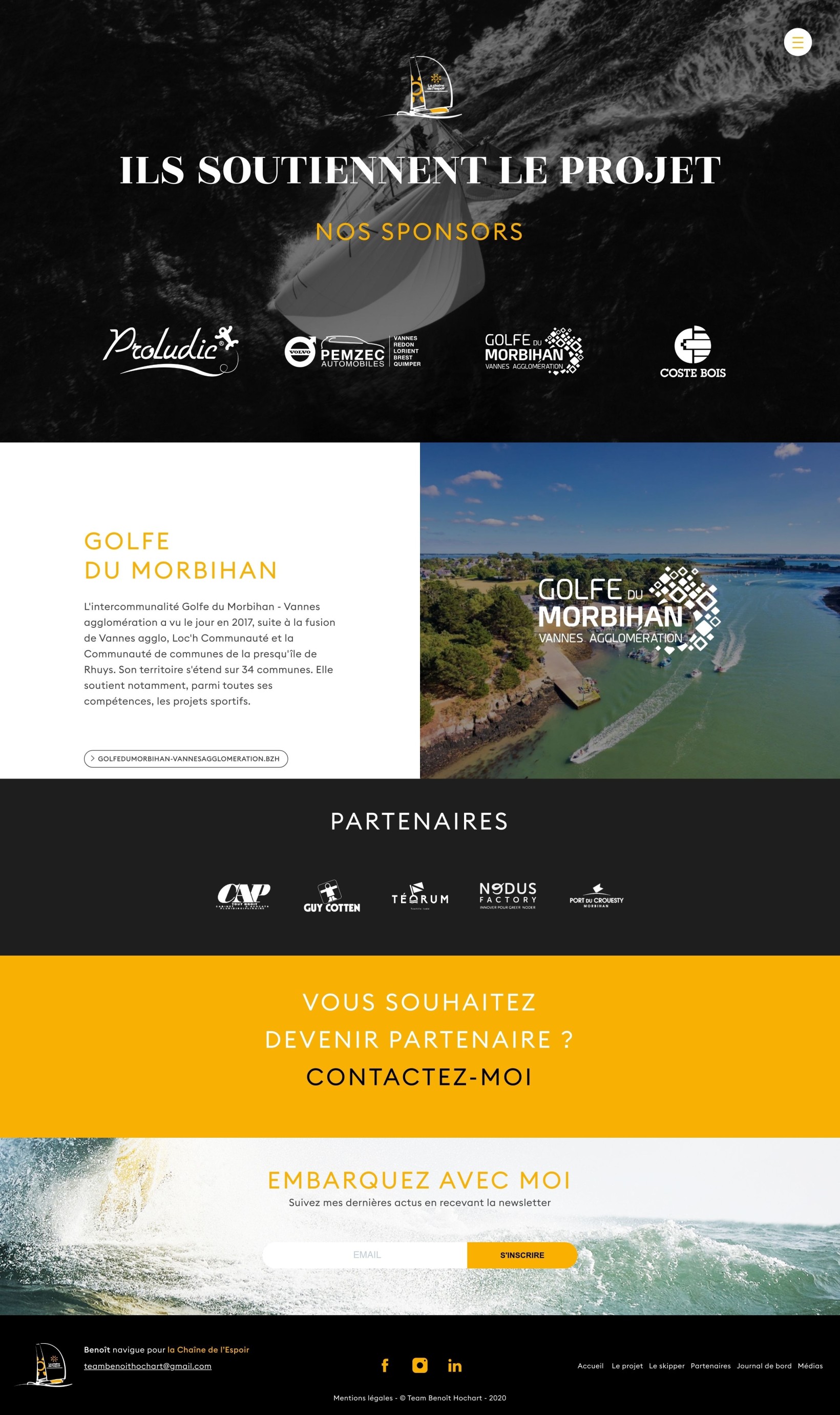 ⭐⭐⭐ Manu Lechat- Webdesigner, intégrateur, développeur Web freelance Réalisation du Site internet du skipper Benoit Hochart - 'La chaîne de l'espoir'. Présentation du projet, du skipper et de ses partenaires. J'ai réalisé la programmation des templates du site. Le contenu du site est intégralement administrable via le Cms Kirby.