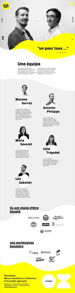 ⭐⭐⭐ Manu Lechat- Webdesigner, intégrateur, développeur Web freelance Réalisation du site de l'agence de design produit 'Studio Boost'. Graphisme réalisé par Anthonin+Margaux. Collaboration avec Dorian Siméha pour produire un site internet, entièrement responsive et administrable via le cms Kirby