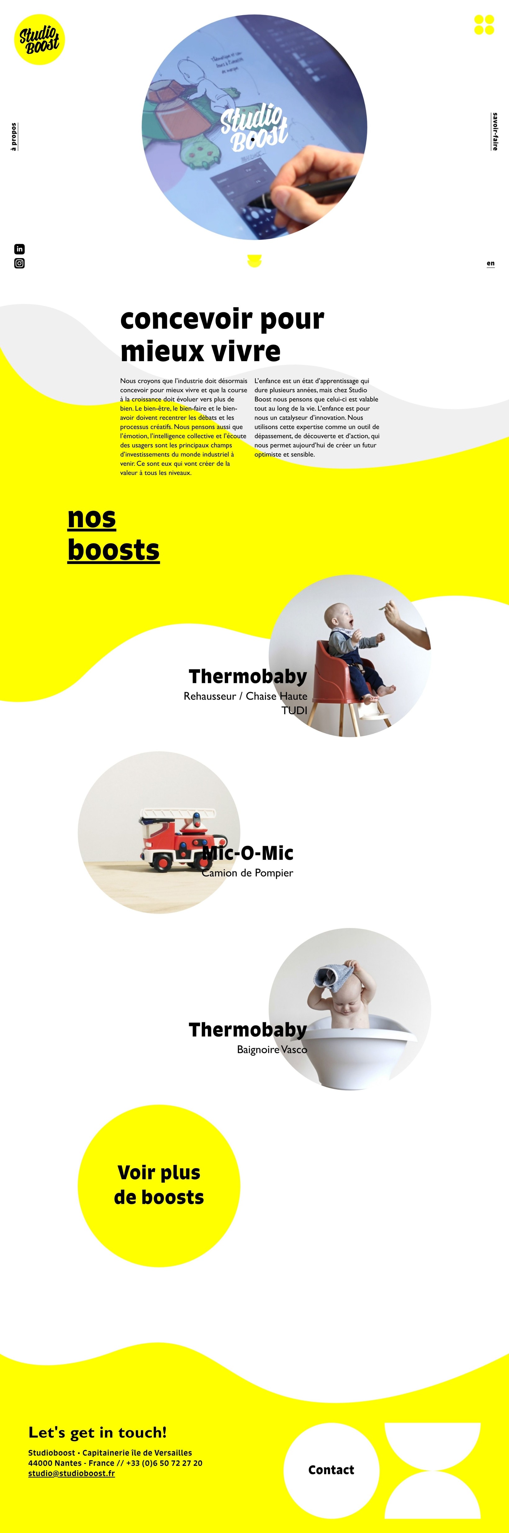 ⭐⭐⭐ Manu Lechat- Webdesigner, intégrateur, développeur Web freelance Réalisation du site de l'agence de design produit 'Studio Boost'. Graphisme réalisé par Anthonin+Margaux. Collaboration avec Dorian Siméha pour produire un site internet, entièrement responsive et administrable via le cms Kirby