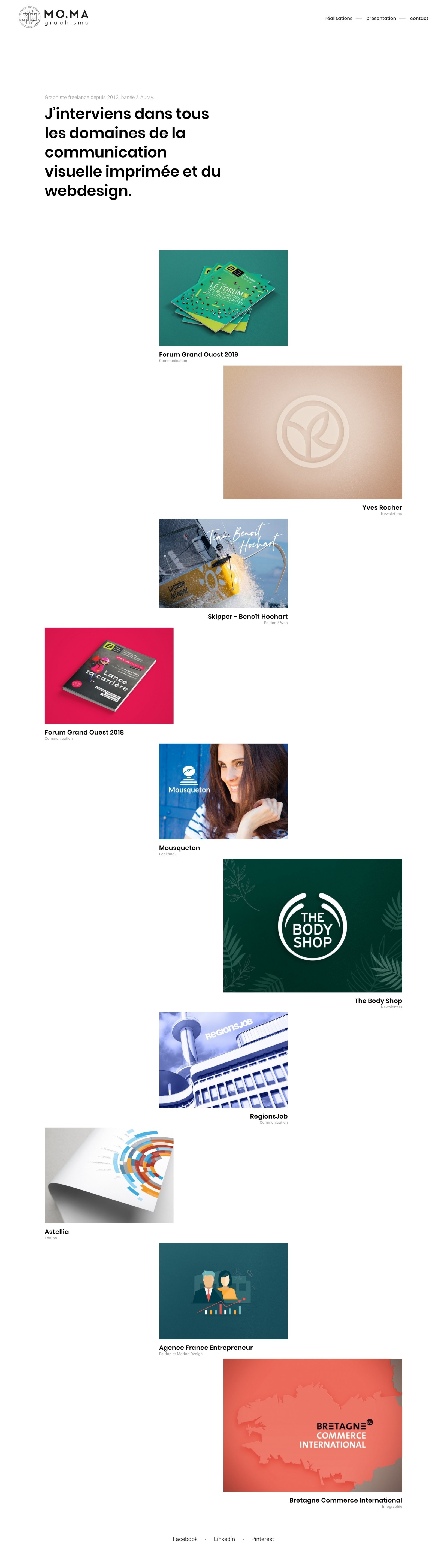 ⭐⭐⭐ Manu Lechat- Webdesigner, intégrateur, développeur Web freelance Webdesign et programmation du portfolio de graphiste 'Moma Graphisme'. Réalisation d'un graphisme simple et intuitif. Mise en page responsive sur-mesure. L'ensemble du site est administrable via le cms Kirby.